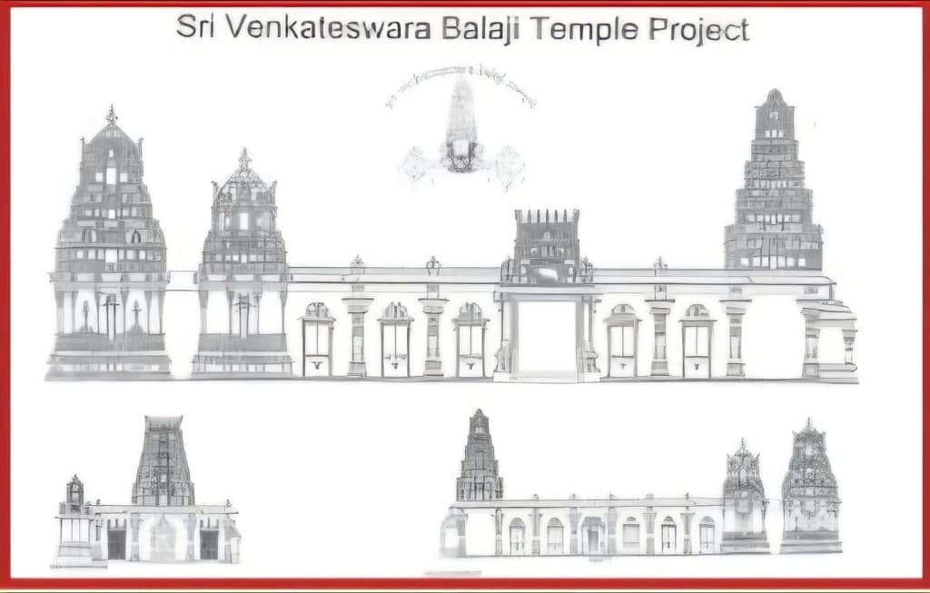 Architectural concept sketch of the Sri Venkateswara Balaji Temple project